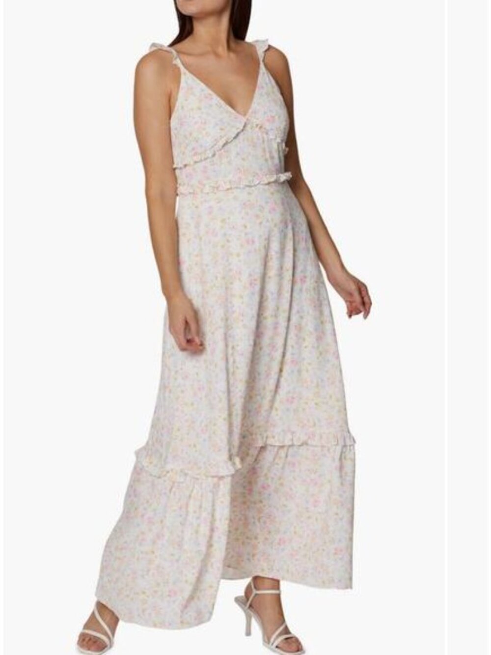 BCBG Pink Purple Floral Ruffle  Cottagecore Derby Summer Maxi Dress sz 14 NWT